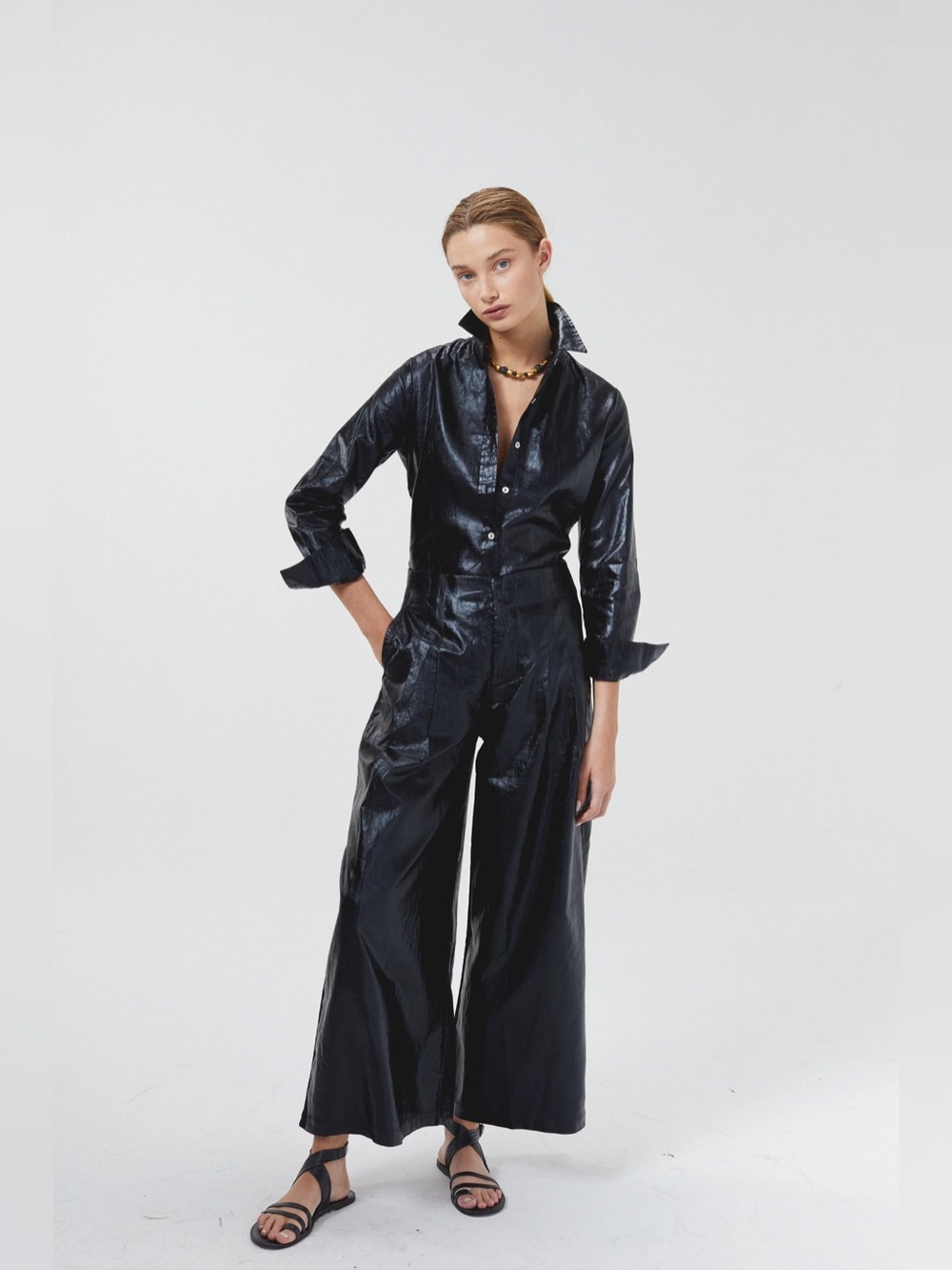Lanhtropy - CULOTTE METALLIC LINEN PANTS - BLACK M